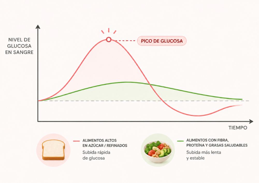 gráfico que explica la curva de la glucosa según alimentos que se comen, correspondiente al movimiento de Revolución de la Glucosa